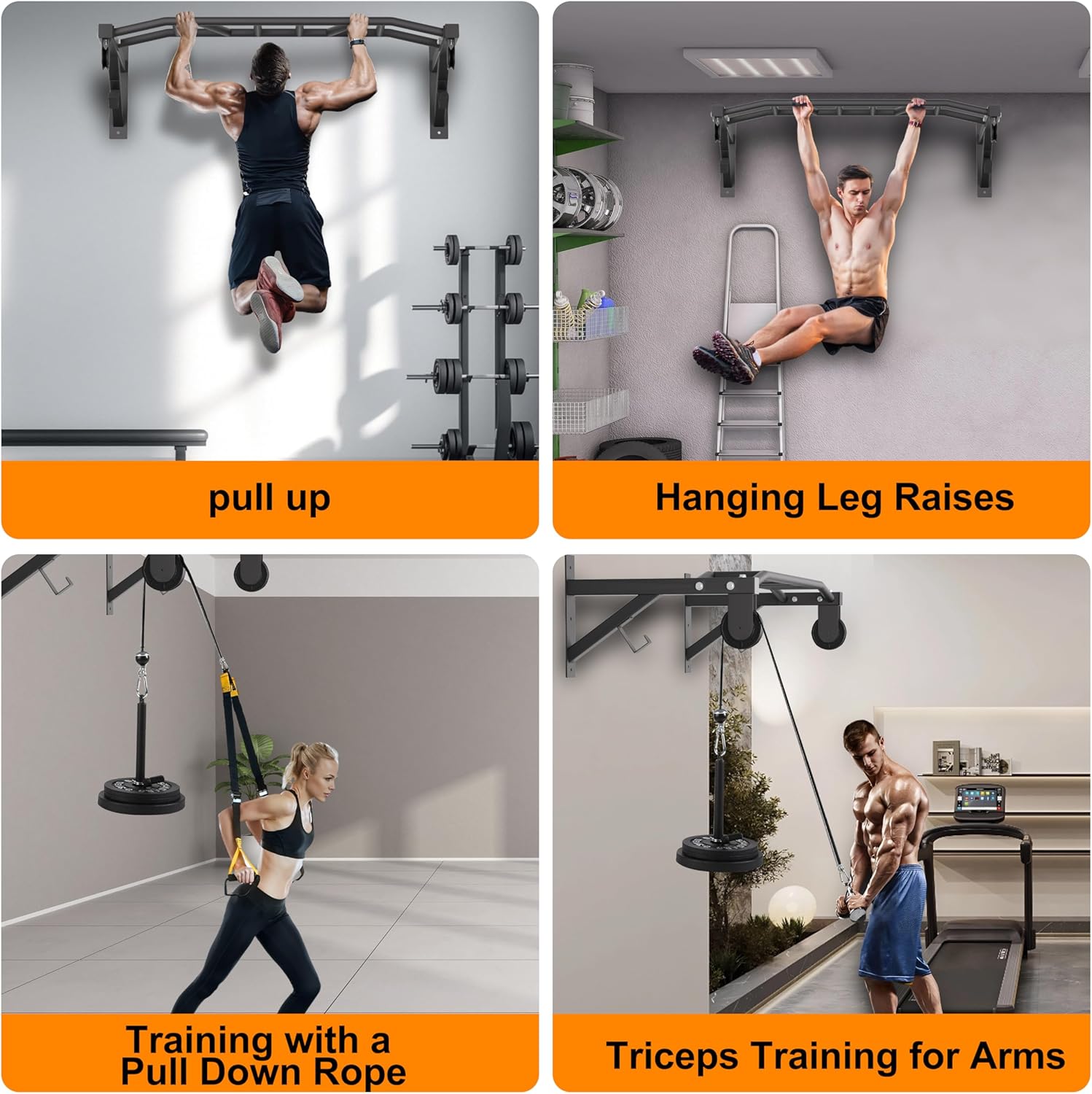 Wall Mounted Pull Up Bar With Pulley System, 600lbs Heavy Duty Chin Up Bar, 48" Multi Grip Pullup Bar, for Garage Indoor Basement Workout Strength Training Equipment, Ease Of Use Mounting - Image 8