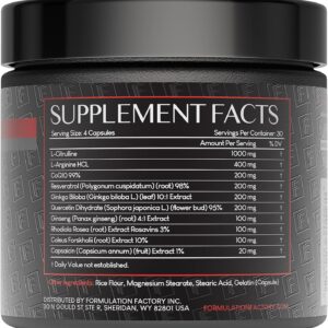 Formulation Factory Heart of Steel: 10-in-1 Metabolic Maximizer Nitric Oxide Supplement, Blood Pressure Support, L Arginine, L Citrulline Natural Pre-Workout: Energy Management 120 Count