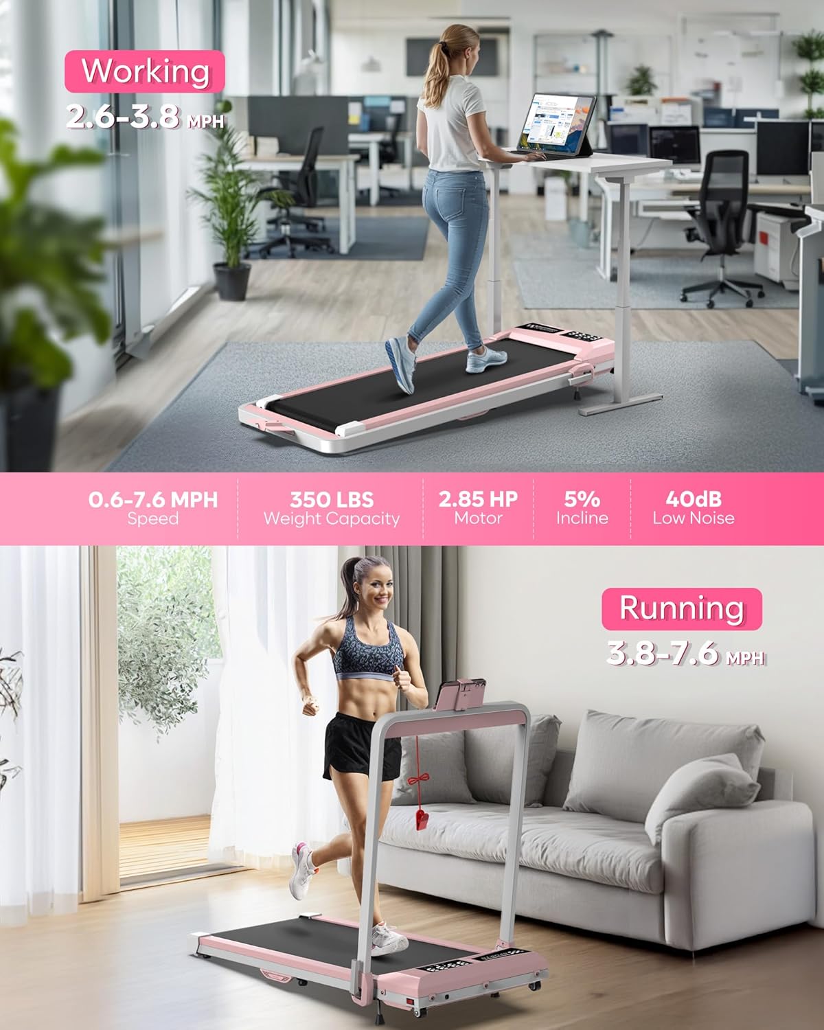 WELLFIT Foldable Treadmill with Incline, 350 LBS Capacity Walking Pad with Handle Bar, Portable Walking Pad Treadmills for Home, Under Desk Treadmill with App & Remote Control, Wide Belt, LED Display - Image 2
