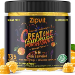 Zipvit Creatine Monohydrate Gummies (5g) – Pre-Workout Energy & Muscle Growth Support for Men & Women | Orange Electrolyte Gummies (135 Count)