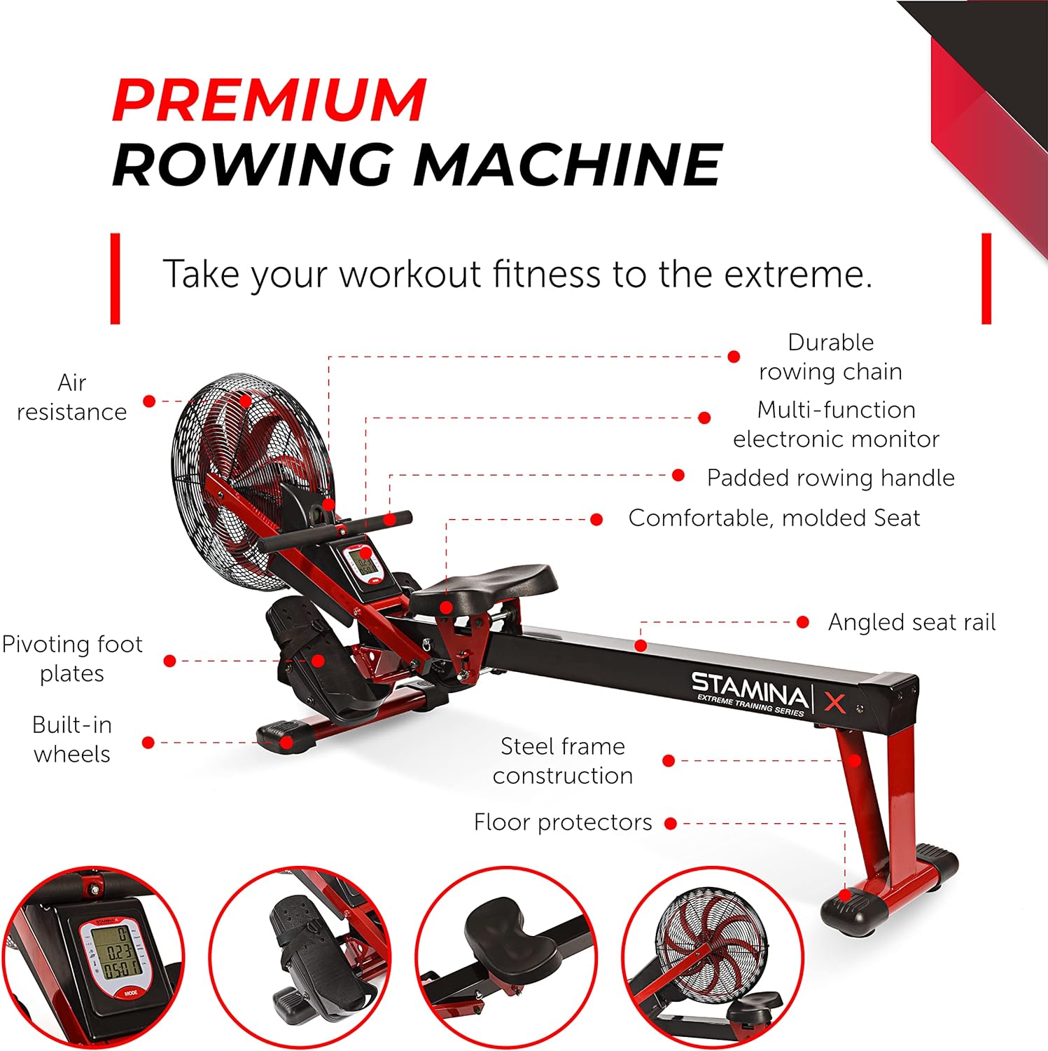 Stamina X Air Rower - Rower Machine with Smart Workout App - Rowing Machine with Air Resistance for Home Gym Fitness - Up to 250 lbs Weight Capacity - Black/Red - Image 6