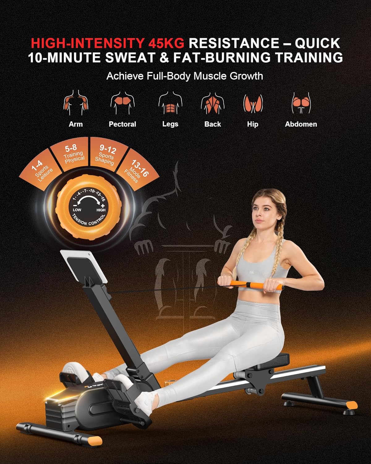 Magnetic Rowing Machines for Home, Rower Machine with 16 Levels Powerful Silent Magnetic Resistance, 350lbs Weight Capacity, LCD Monitor, Silent Rail System, Compact Row Machine for Home Gym Exercise - Image 3