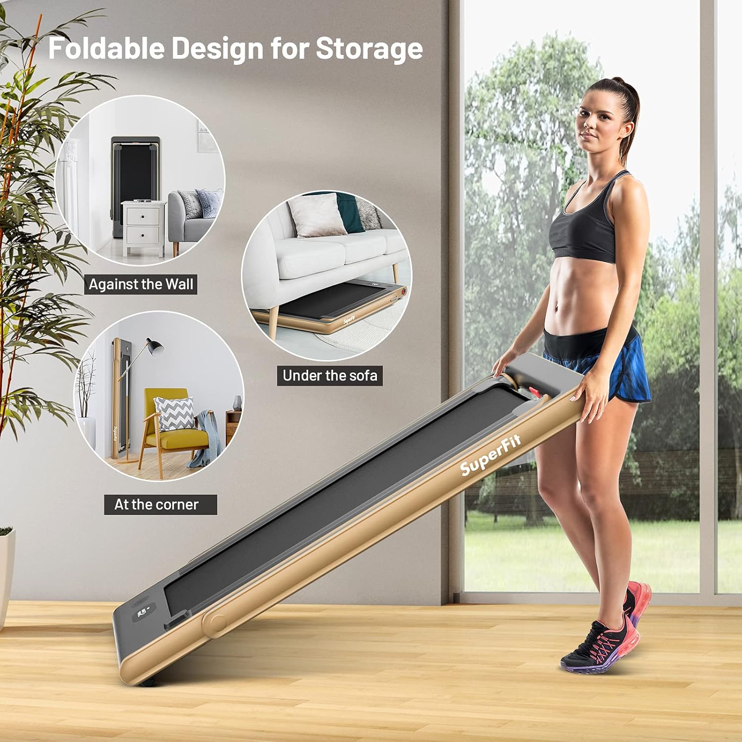 GYMAX Walking Pad, Dual LED Display 2 in 1 Under Desk Treadmill for Home with Remote & Smart App Control, 2.25HP Foldable Portable Treadmill Running Machine for Office Small Space - Image 4