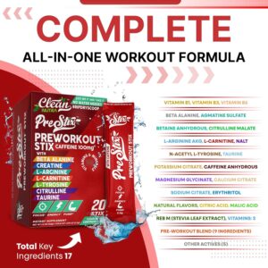Clean Nutraceuticals Pre Workout Powder Energy Sticks – Caffeine 100mg, Energy Drink Mix, Creatine Monohydrate, Beta Alanine, L-Citrulline, L-Tyrosine, L-Carnitine, Electrolyte Hydration Packets 20 Ct