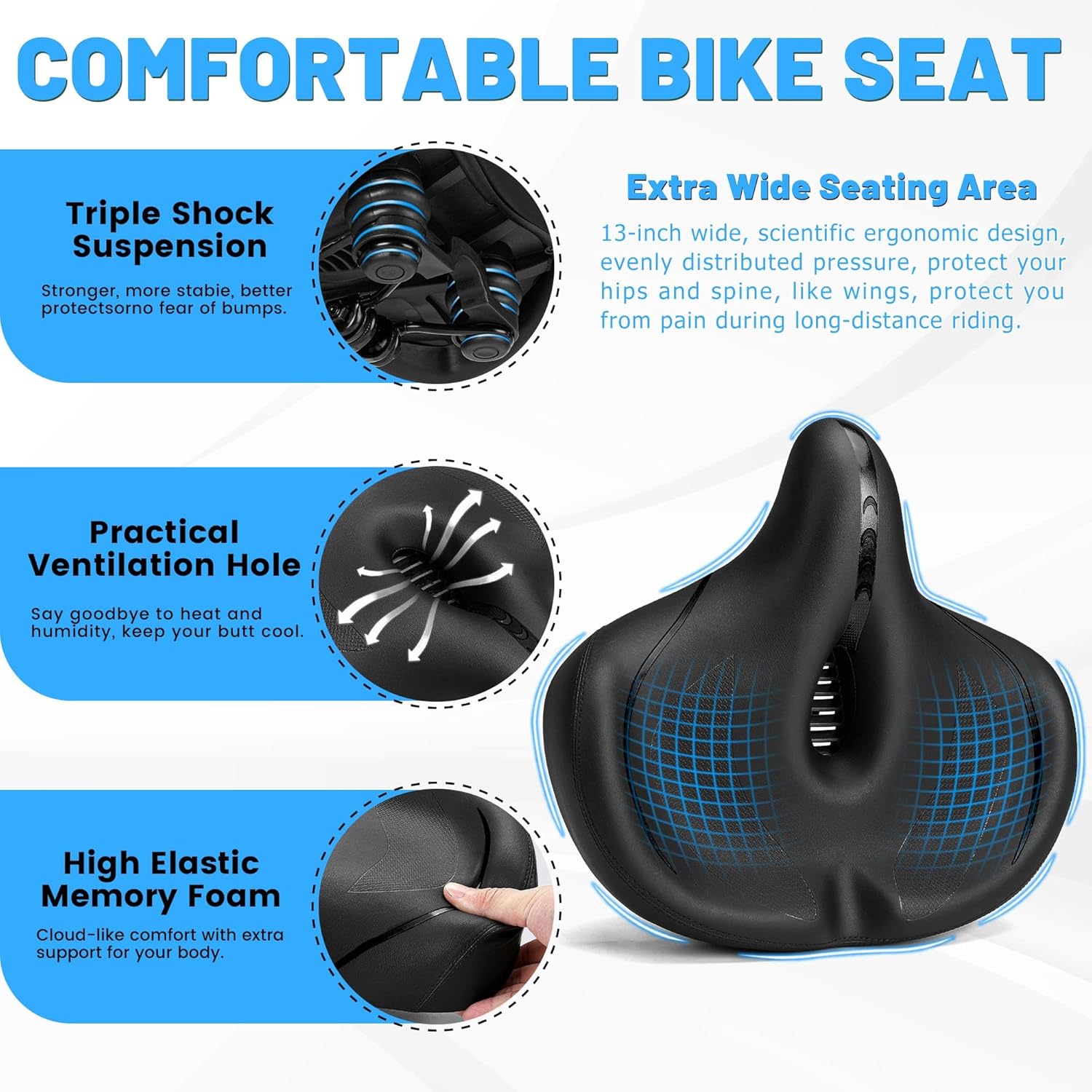 Oversized Bike Seat for Men & Women Comfort, Extra Wide Bicycle Seat Cushion, Comfortable Soft Padded, Large Replacement Saddle for Peloton, Stationary Exercise Bike, Cruiser, City Bike, Ebike - Image 3