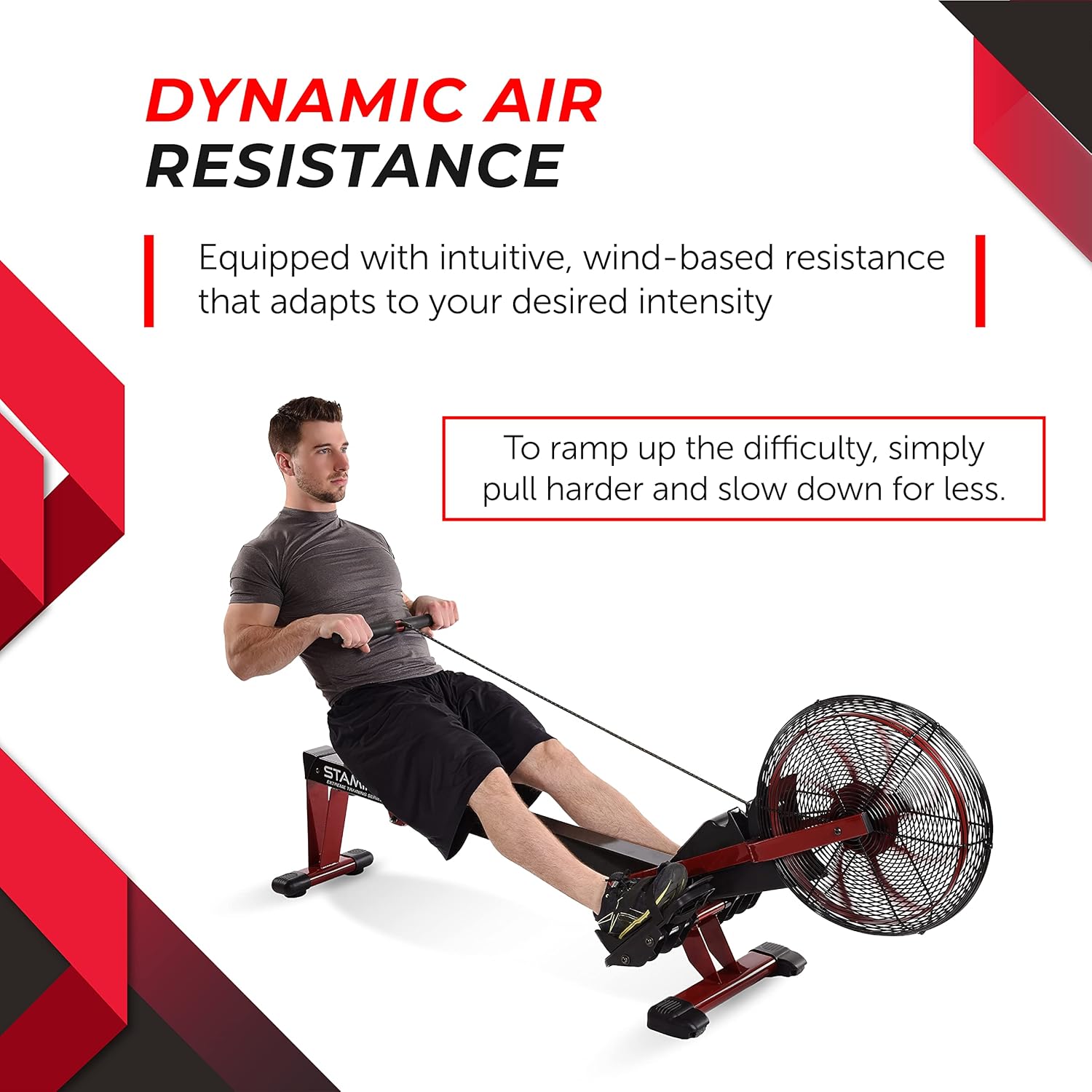 Stamina X Air Rower - Rower Machine with Smart Workout App - Rowing Machine with Air Resistance for Home Gym Fitness - Up to 250 lbs Weight Capacity - Black/Red - Image 7