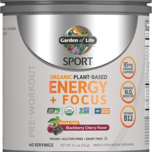 Garden of Life Sport Organic Plant-Based Energy + Focus Vegan Clean Pre Workout Powder, Sugar & Gluten Free BlackBerry Cherry with 85mg Caffeine, Natural NO Booster, B12, 40 Servings, 8.14 Oz
