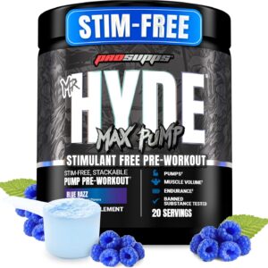 PROSUPPS Mr. Hyde Max Pump Pre Workout Powder – Stim-Free Preworkout Supports Blood Flow, Muscle Volume & Endurance – Caffeine-Free Nitric Oxide Gym & Fitness Supplements (Blue Razz, 20 Servings)