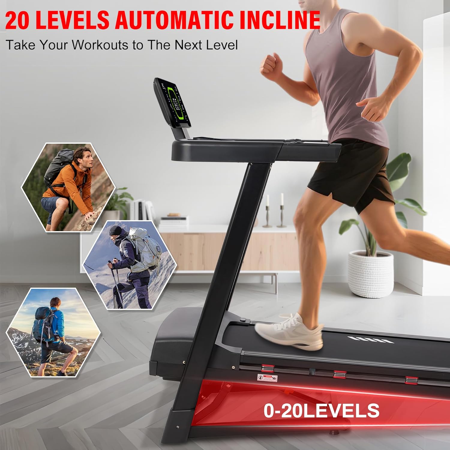 ECHANFIT Heavy Duty Treadmill for Home, 20% Auto Incline Treadmill 400 LB Capacity, 20" Wide Deck, 0.6-12 MPH, LED Display, Bluetooth Speaker, Foldable with App - Image 2