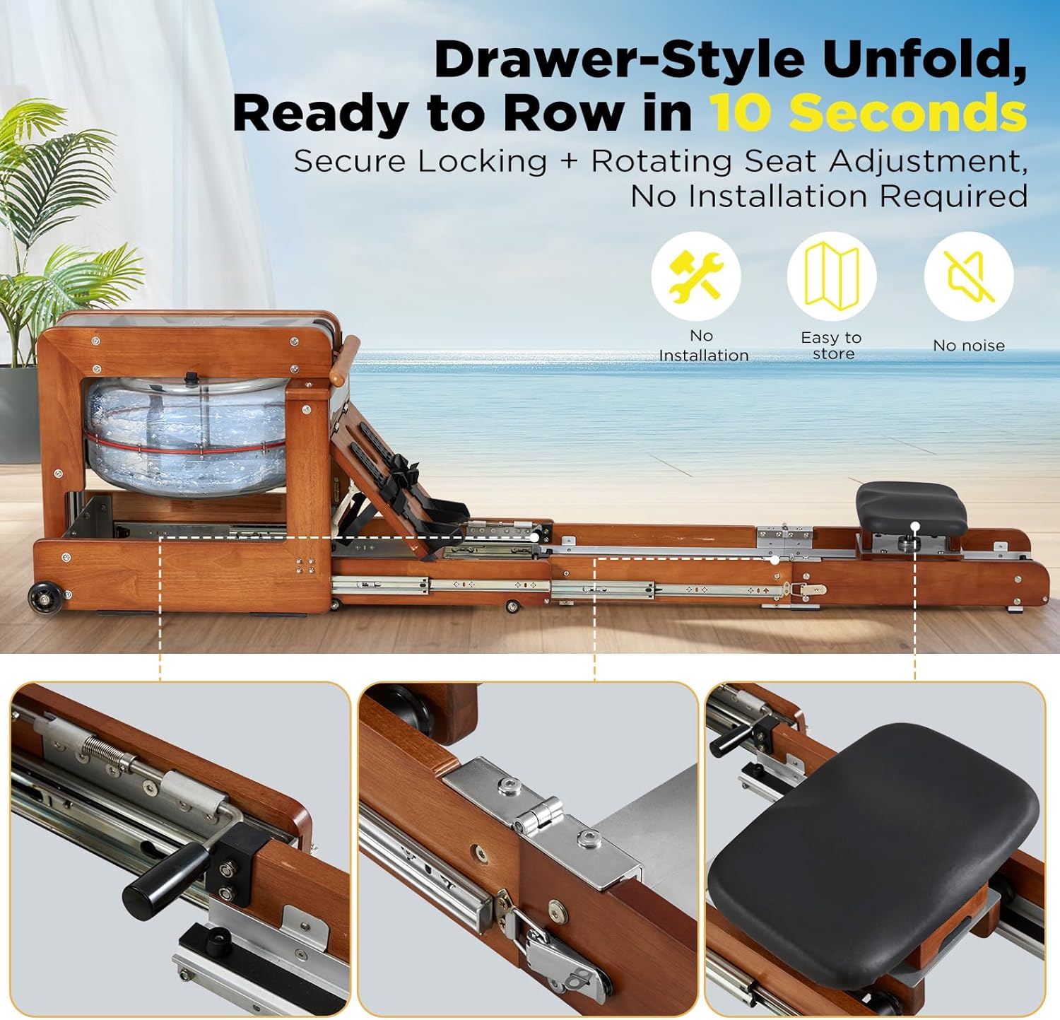 Water Rowing Machine for Home, Touchscreen Smart Display, Dual Resistance Drawer Rower, Kinomap App, No Installation Required, Foldable, Aluminum Rail, Breathing Light, 350LBS Capacity - Image 3