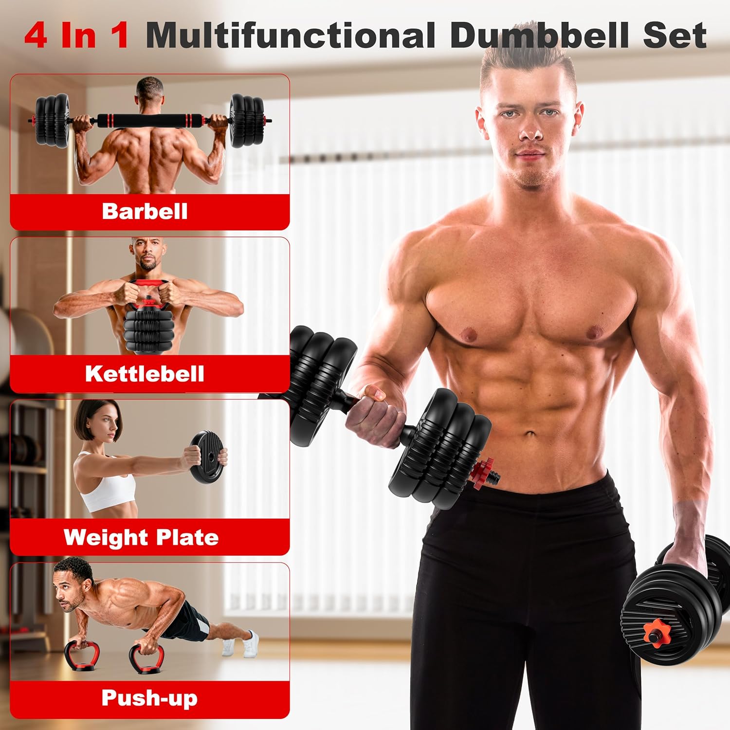Adjustable Dumbbell Set, 10/20/30/45/70/90lbs Free Weight Set with Connector, 4 in1 Dumbbells Set Used as Barbell, Kettlebells, Push up Stand, Fitness Exercises for Home Gym Suitable Men/Women - Image 2