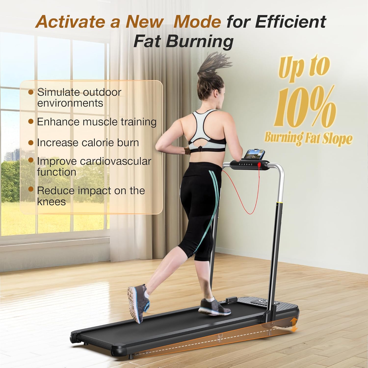 WELLFIT 10% Incline Foldable Walking Pad Treadmill with Handle Bar for Home, 360 LBS Capacity, 7.6MPH Max Speed,Wide Shock Absorbing Deck, 3.0HP Low Noise, for APP/Mute Remote - Image 4