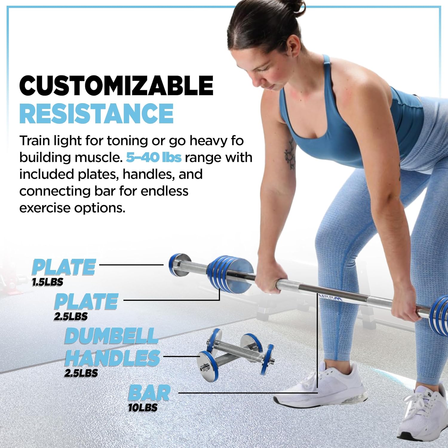 müüv Adjustable Barbell Set – 2-in-1 Dumbbell & Barbell System for Home Gym, 5–40 lb Weight Set with Plates & Handles – Compact Strength Training Equipment for Men & Women - Image 3