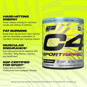Cellucor C4 Ripped Sport Pre Workout Powder – NSF Certified for Sport – 200mg Caffeine + Cayenne Extract + Carnitine Tartrate + Beta-Alanine – Artic Snow Cone, 20 Servings