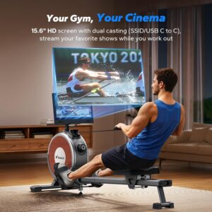 MERACH Rowing Machine with 15.6″ HD Rotating Screen, Magnetic Rowing Machines for Home, 16 Levels Rower Machine of Quiet Resistance, Dual Slide Rail with Max 350lbs Weight Capacity, App Compatible