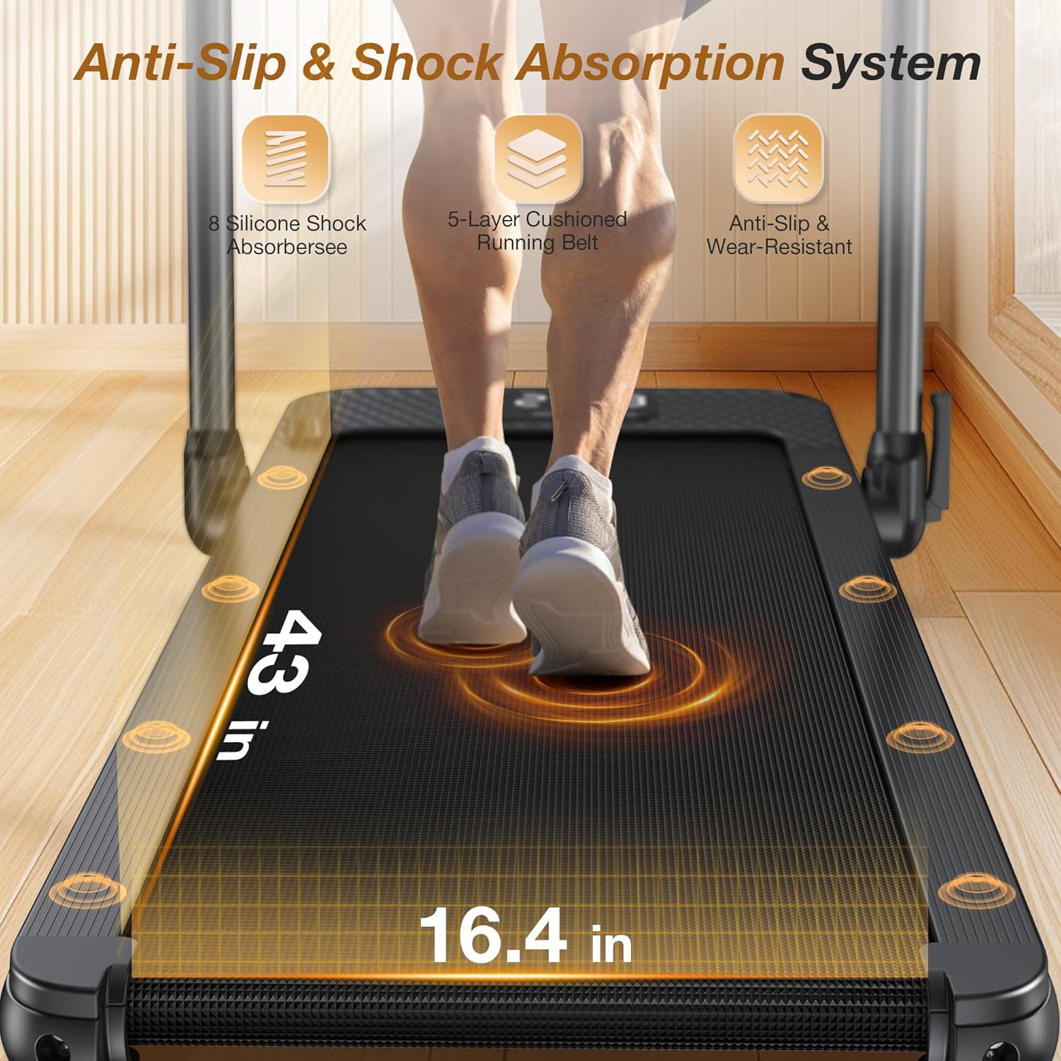 WELLFIT 10% Incline Foldable Walking Pad Treadmill with Handle Bar for Home, 360 LBS Capacity, 7.6MPH Max Speed,Wide Shock Absorbing Deck, 3.0HP Low Noise, for APP/Mute Remote - Image 5