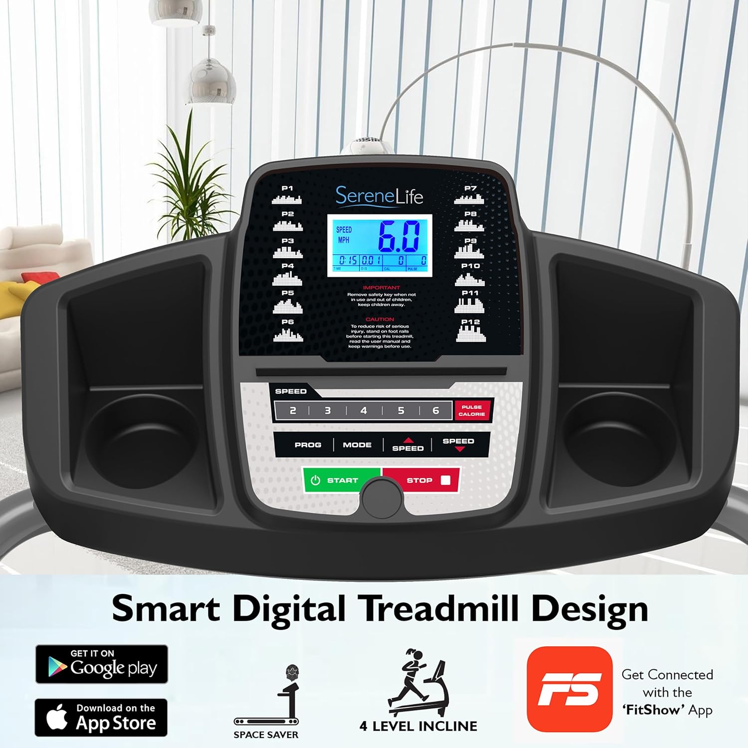 SereneLife Electric Folding Treadmill Exercise Machine - Smart Compact Digital Fitness Treadmill Workout Trainer w/Bluetooth App Sync, Manual Incline Adjustment, for Walking, Running, Gym - SereneLife - Image 4