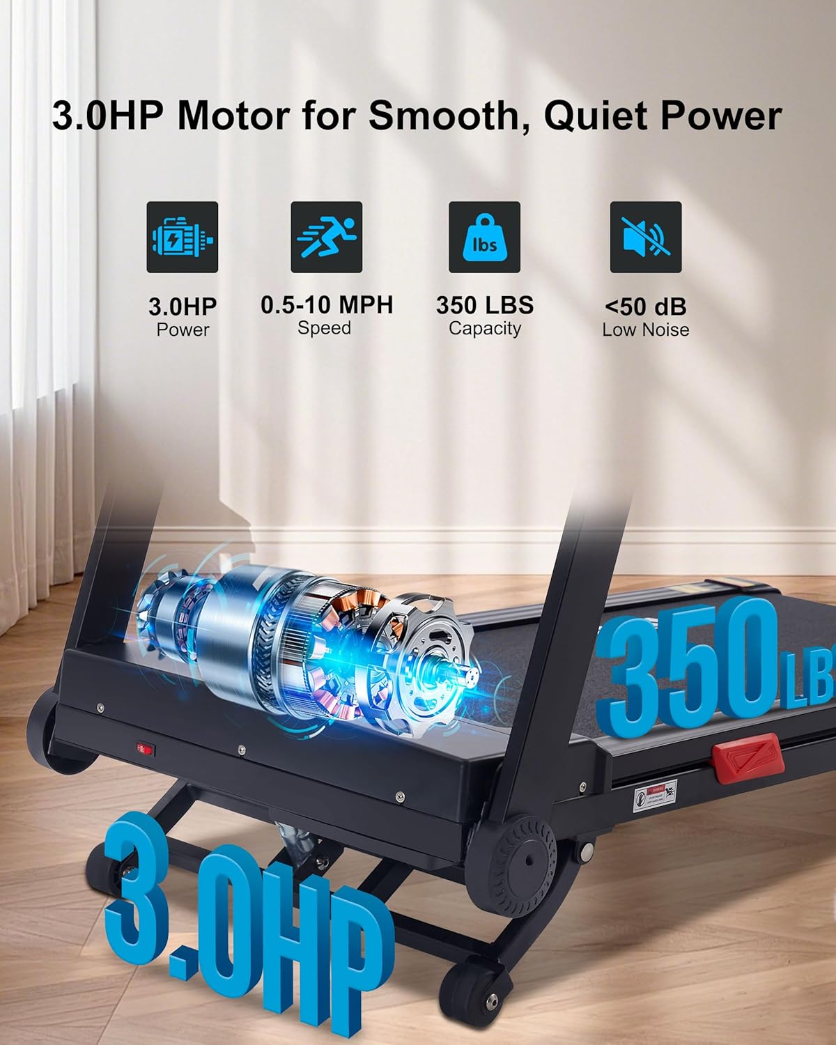 Auto Incline Treadmill, 20% Incline, 3.0HP, 10 MPH Running Machine, 18.5" Wide Belt, 350 lbs Capacity, Treadmill for Home with Bluetooth App - Image 3