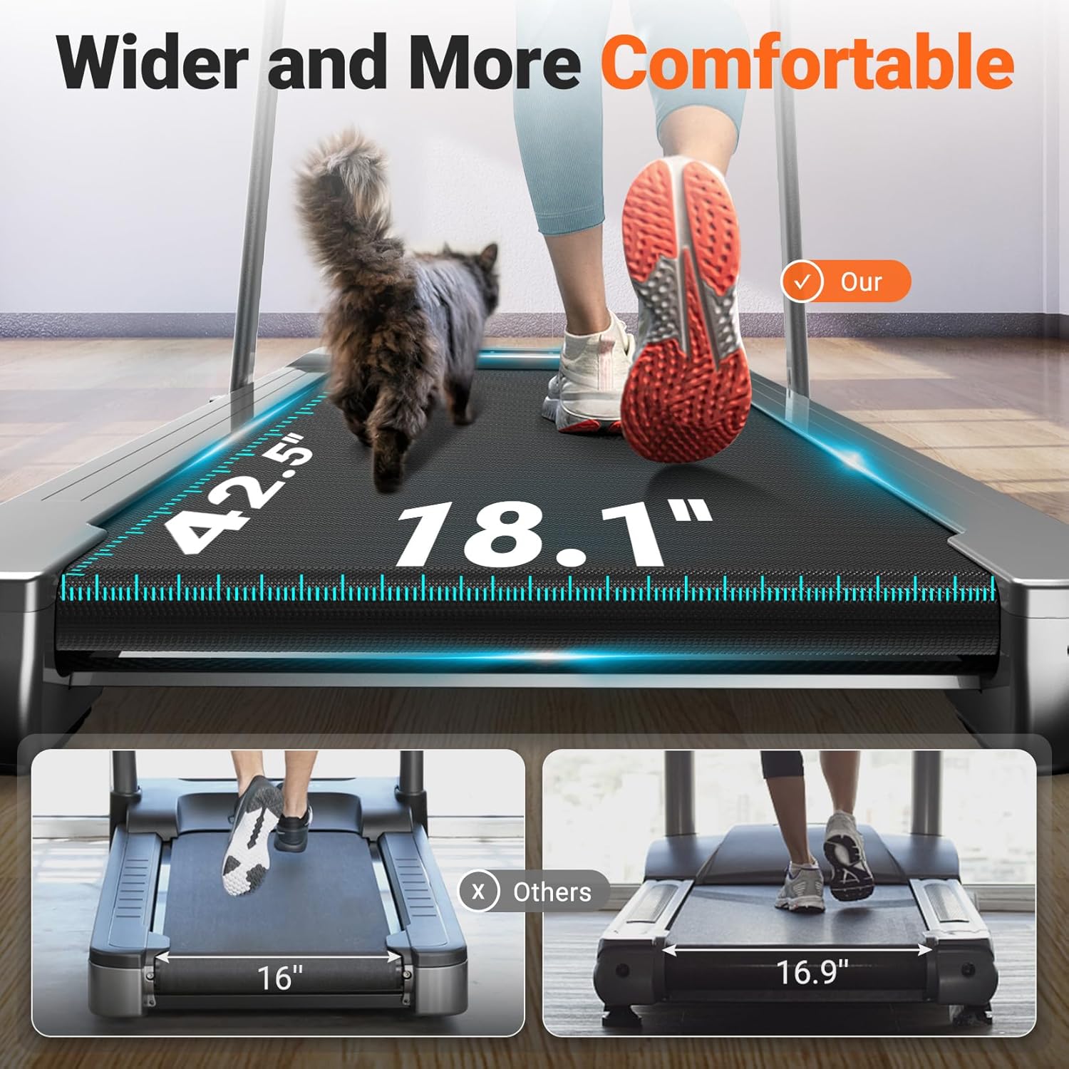 THERUN Walking Pad Treadmill, 3.0 HP Under Desk Treadmills, 2 in 1 Portable Treadmill for Home, Walking Pad with Handle Bar, 18" Widened Running Belt, 350 lbs Capacity with App Connection, Remote - Image 2