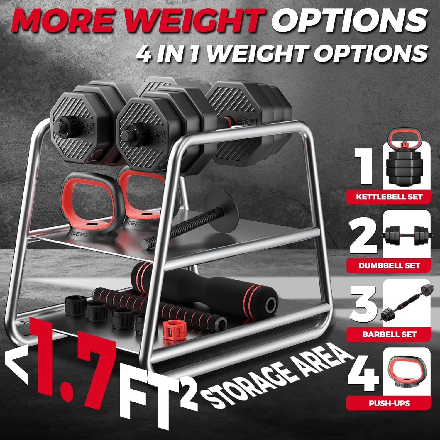 KeppiFitness Adjustable Dumbbell Set, 30/40/50/70/90 lb Weight Set with Connector Bar, 4 in 1 Workout Gear with Dumbbell, Kettlebell, Barbell, Push up Handle for Home Gym Fitness Exercise - Image 3