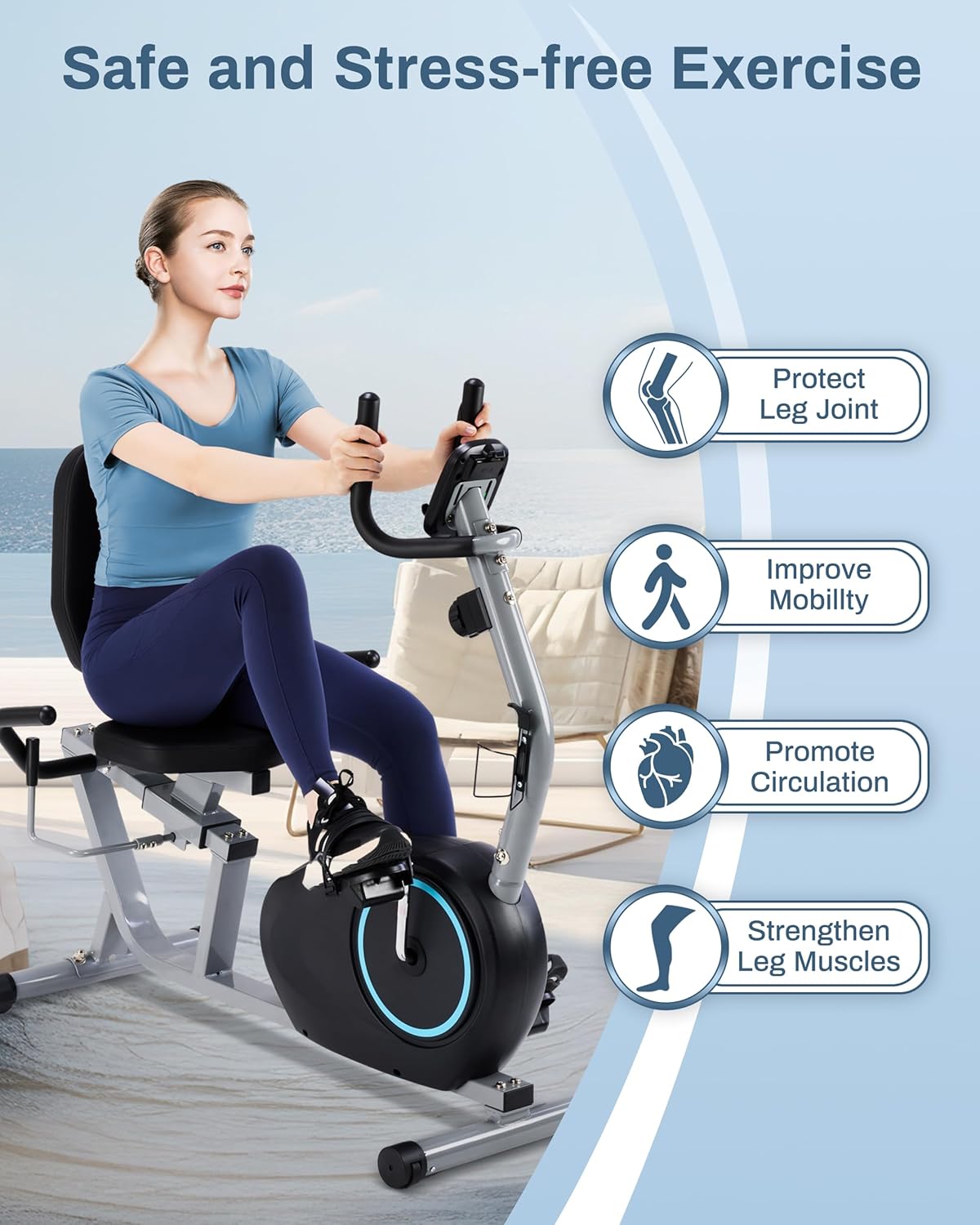 Recumbent Exercise Bike for Seniors - Quick Adjust Seat, Magnetic Recumbent Bike with Quiet 16-Level Resistance, 400LB Weight Capacity, Backlit LCD Monitor, Heart Rate Handle - Image 7