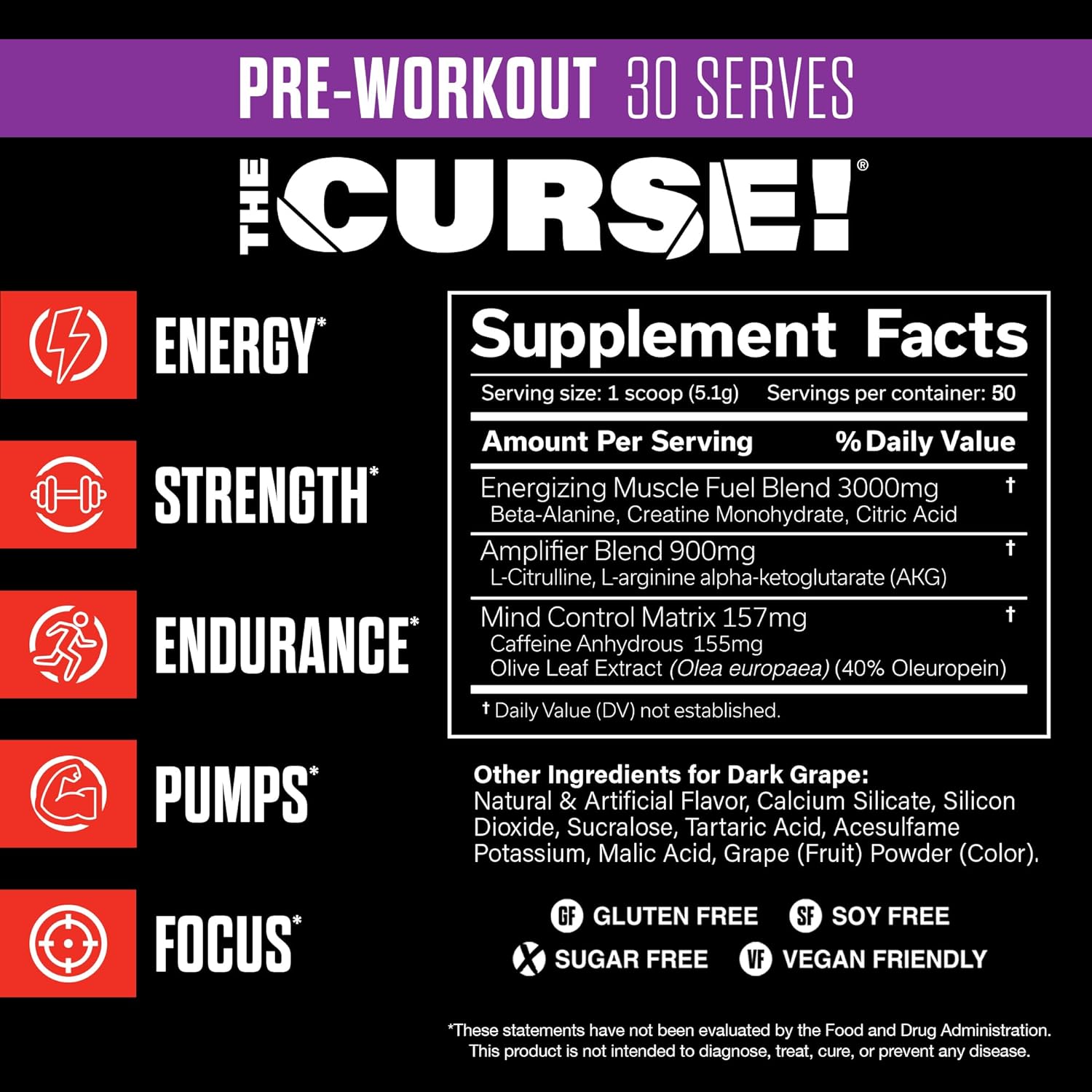 JNX SPORTS The Curse! Pre Workout Powder for Men & Women, Caffeine, Beta-Alanine, Creatine, L-Citrulline, 30 Servings, Dark Grape Flavor – Boost Energy, Strength & Focus - Image 2