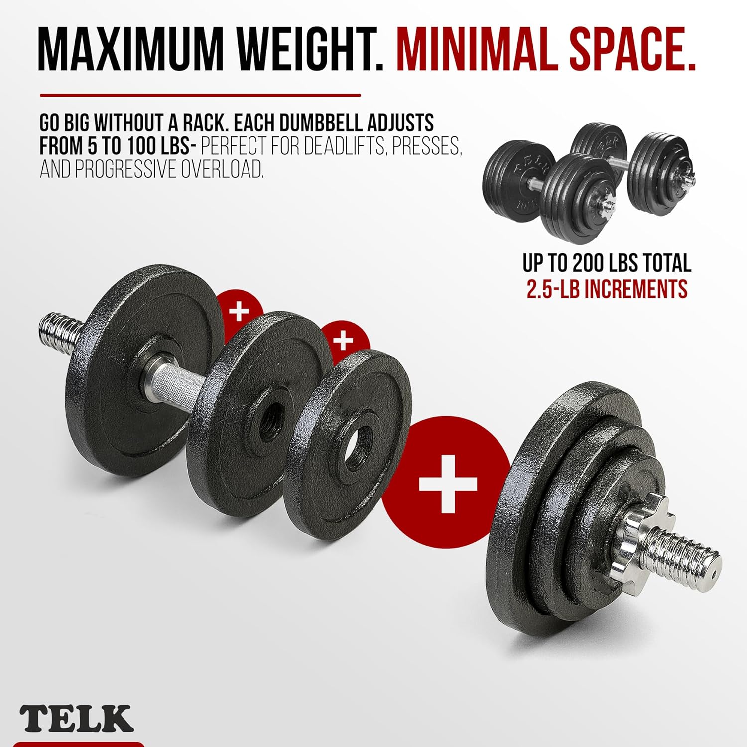 TELK – Adjustable Dumbbell Set – Home Gym Weight Set with Baked Enamel Cast Iron Plates – Space-Saving Free Weights for Strength Training - Image 3