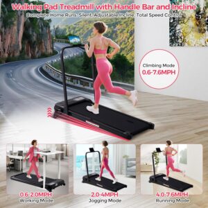 Portable Treadmill with Handles & Adjustable Incline, 3.5HP Compact Walking Pad Treadmill with Handle Bar, 0.6-7.6MPH Electric Small Under Desk Treadmills for Home Small Spaces, 350LBS Walking Pads