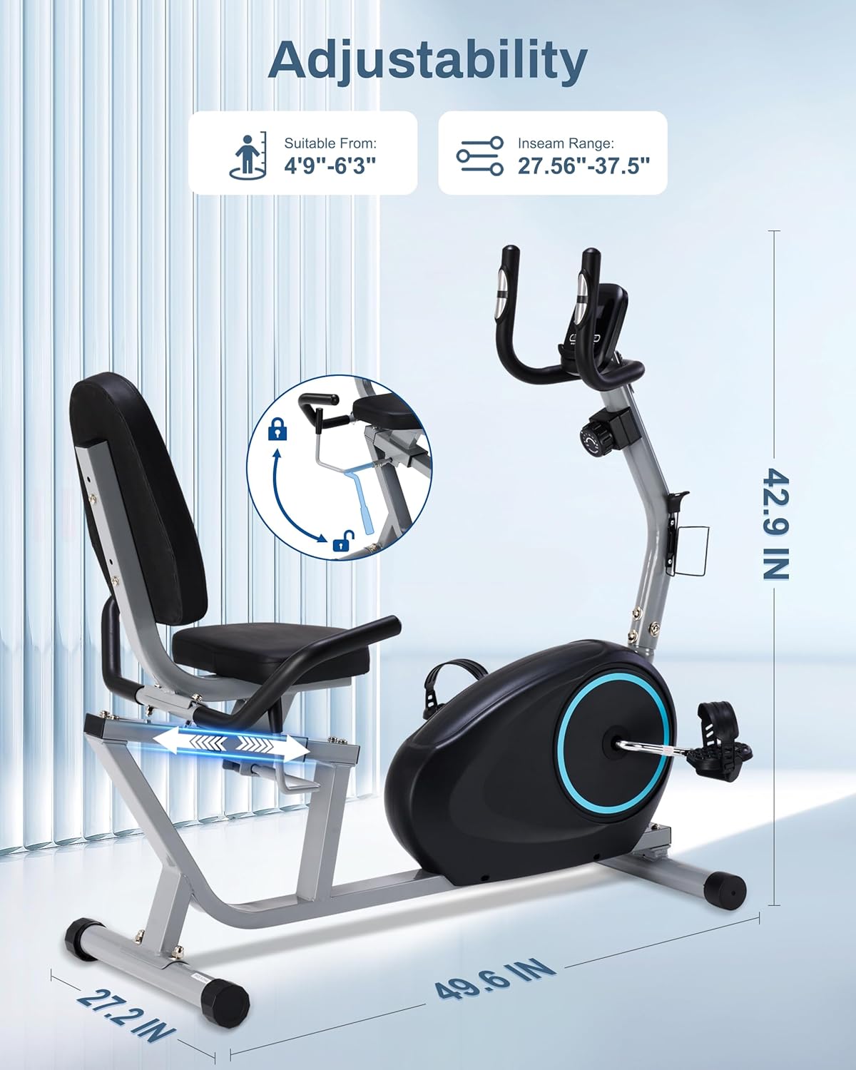 Recumbent Exercise Bike for Seniors - Quick Adjust Seat, Magnetic Recumbent Bike with Quiet 16-Level Resistance, 400LB Weight Capacity, Backlit LCD Monitor, Heart Rate Handle - Image 4