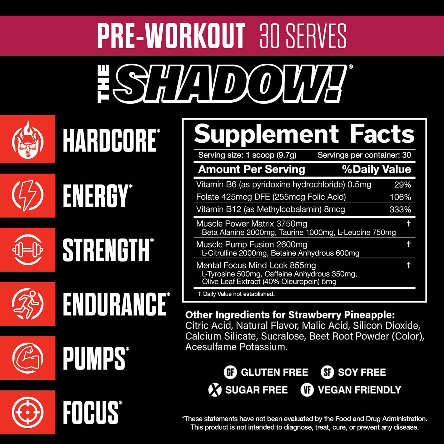 JNX SPORTS The Shadow! 350mg of Caffeine Hard Core Preworkout - Strawberry Pineapple 30 Servings | Electric Energy, Mental Focus & Superhuman Strength for Men & Women - Image 3