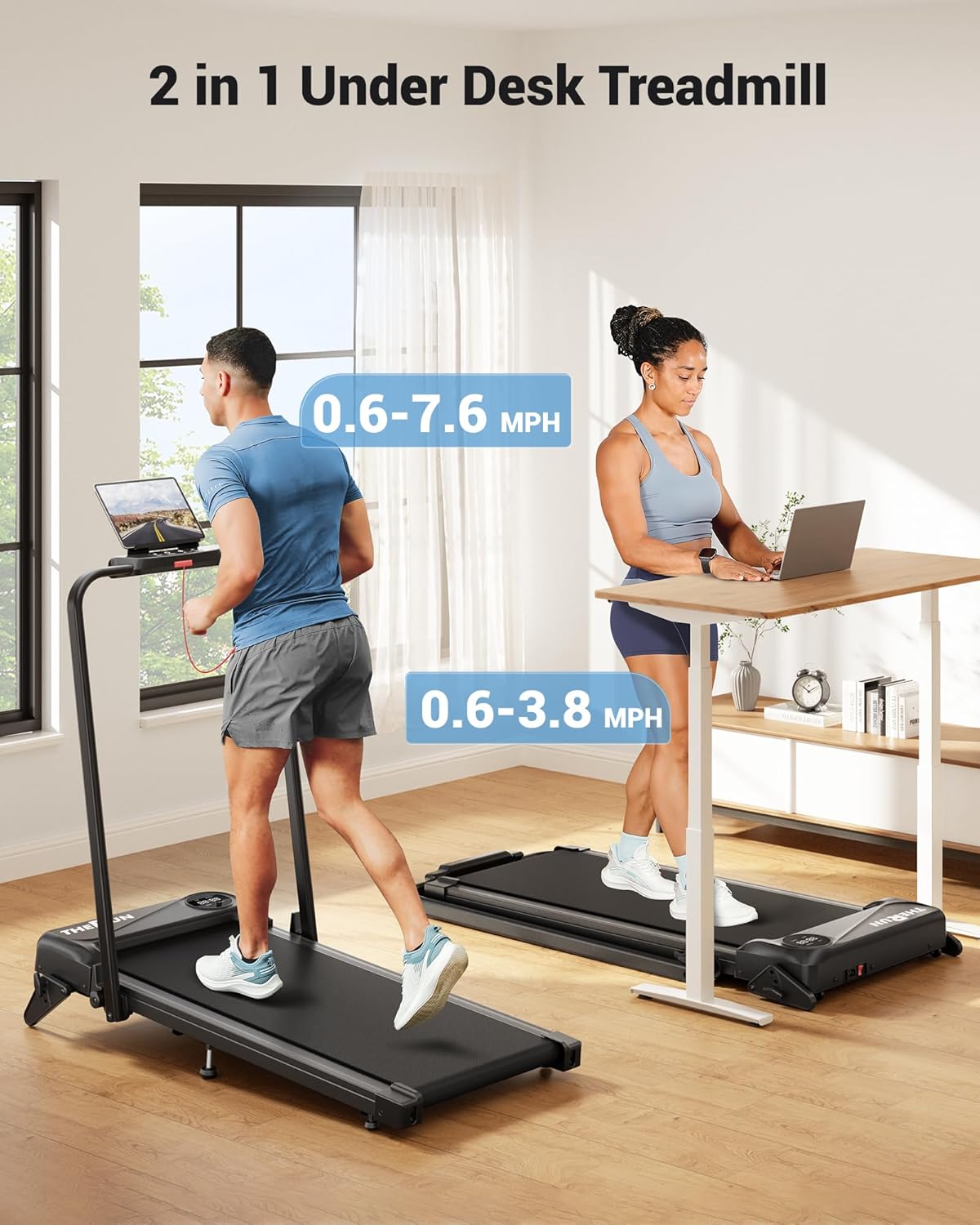 THERUN Walking Pad, 2 in 1 Foldable Treadmills for Home, 2.5HP Under Desk with Handle Bar, 16" Widened Running Belt, with Remote Control - Image 3