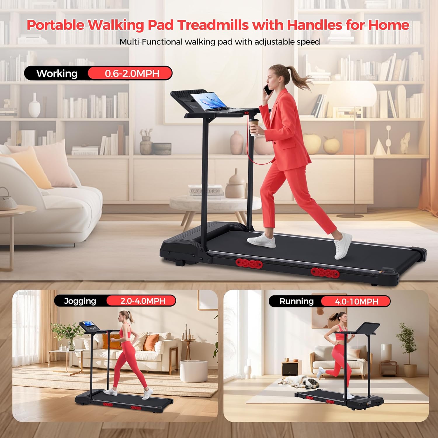 Electric Walking Pad with Handle Bar, 0.6-10MPH Portable Walkingp Pads Treadmills with Handles for Home Apartment Small, 3.5HP Foldable Folding Compact Treadmill for Small Spaces, LED Display, 400LBS - Image 2