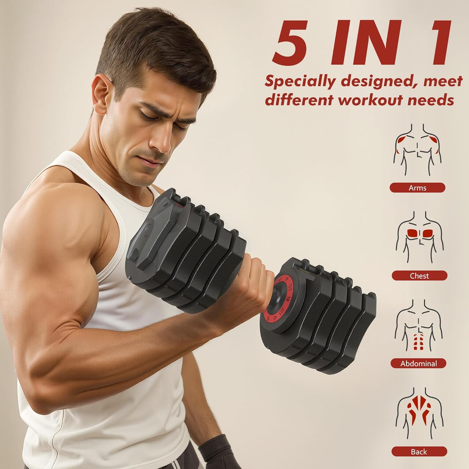 Adjustable Dumbbell Set, 22.5lb 5-in-1 Quick Adjust Dumbbell, Free Weights with Storage Tray for Home Gym, Full Body Workout Equipment for Men & Women - Image 6