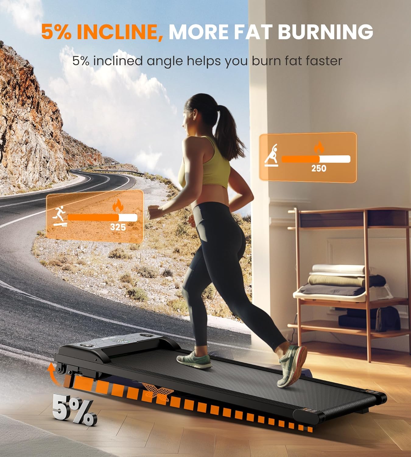 Walking Pad Under Desk Treadmill with Incline, 3-in-1 Portable Walking Jogging Machine with Remote Control, LED Display, Hidden Safety Switch, Compact for Home Office Use - Image 2