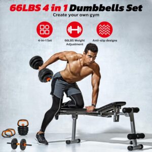 Adjustable Dumbbell Set, 66LBS Weights Dumbbells Set with Connector, 4 In 1 Dumbbell Set Used as Barbell, Kettlebell, Push-Up Stand and Weight Plate, Fitness Equipment for Home Gym