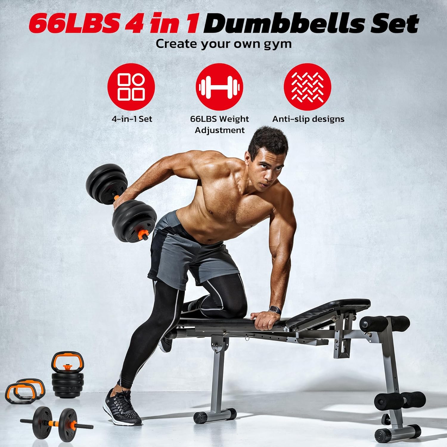Adjustable Dumbbell Set, 66LBS Weights Dumbbells Set with Connector, 4 In 1 Dumbbell Set Used as Barbell, Kettlebell, Push-Up Stand and Weight Plate, Fitness Equipment for Home Gym - Image 2