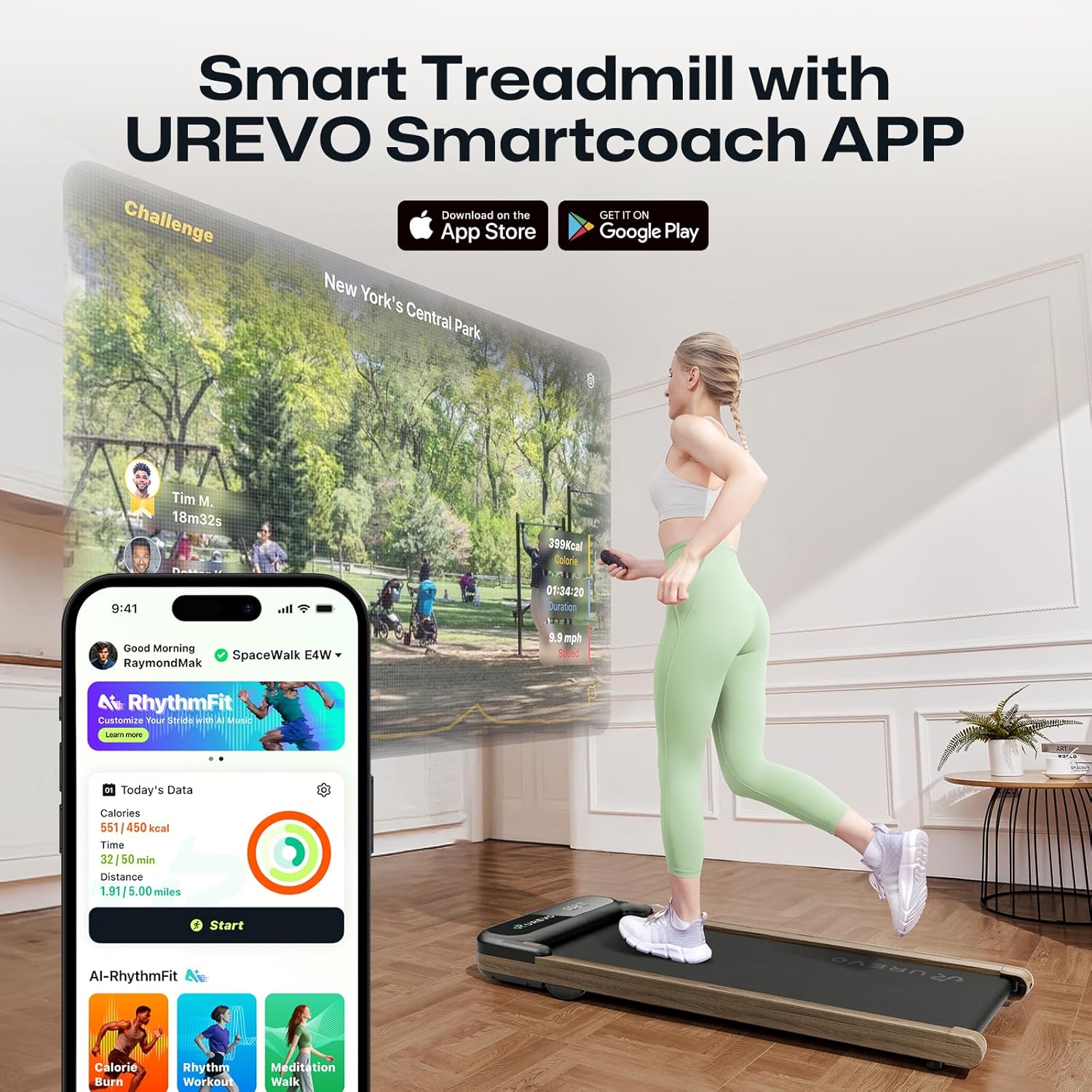 UREVO E4W Smart Walking Pad, Under Desk Treadmill with Wood Grain Design, 8-Point Shock Absorption, Quiet Operation, Workout APP with Track Insights and MIIT Mode, Plug and Play, Remote Control - Image 5