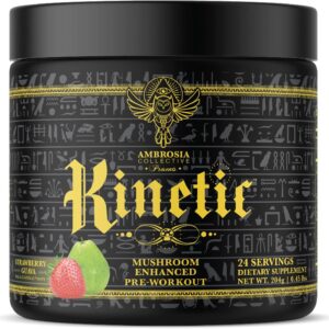 Ambrosia Kinetic Organic Preworkout, Mushroom Enhanced Natural Pre Workout Supplement, Nootropic Superfood Powder for Energy (Strawberry Guava)