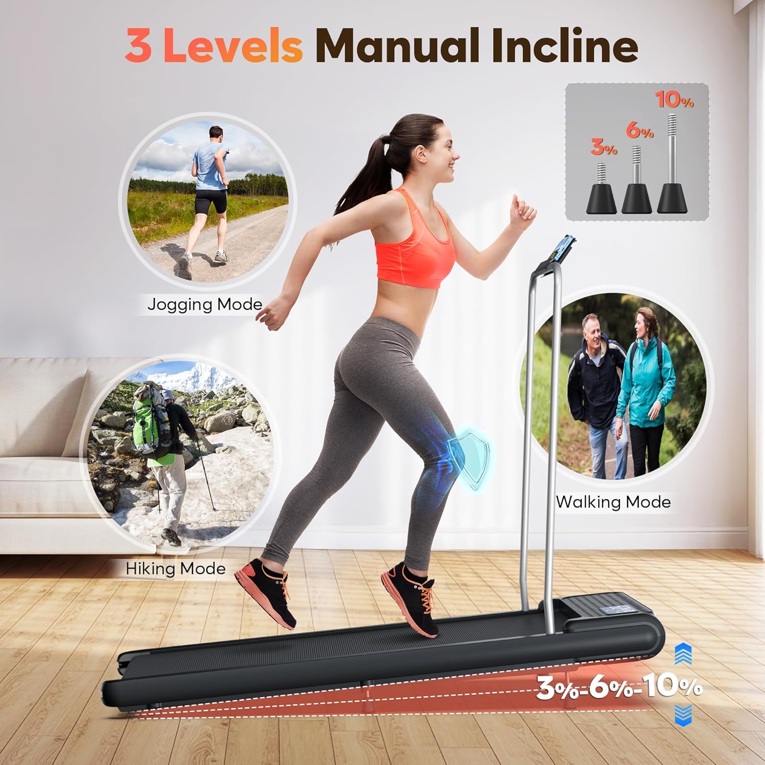 WELLFIT 10% Incline Walking Pads with Handle Bar for Home Office Apartment, Small Under Desk Treadmills with Hiking Climbing Mode for Efficient Fat-Burn, Works for APPs/Mute Remote, 360 LBS Capacity - Image 3