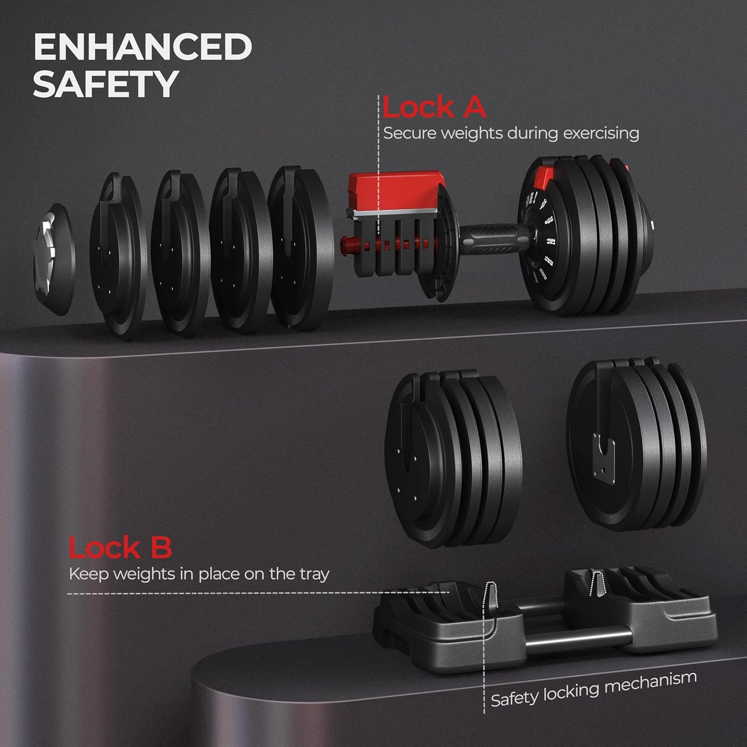 Yaheetech Adjustable Dumbbell Set Free Weight Dumbbells 52.5lbs Fast Adjust Dumbbells 3 in 1 Dumbbell Weight Set Used as Barbell, Kettlebells, with Tray, for Men/Women Strength Training Equipment - Image 4