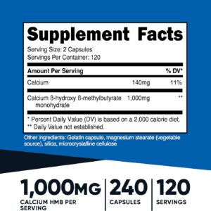 Nutricost HMB (Beta-Hydroxy Beta-Methylbutyrate) 1000mg (240 Capsules) – 500mg Per Capsule, 120 Servings – Gluten Free and Non-GMO