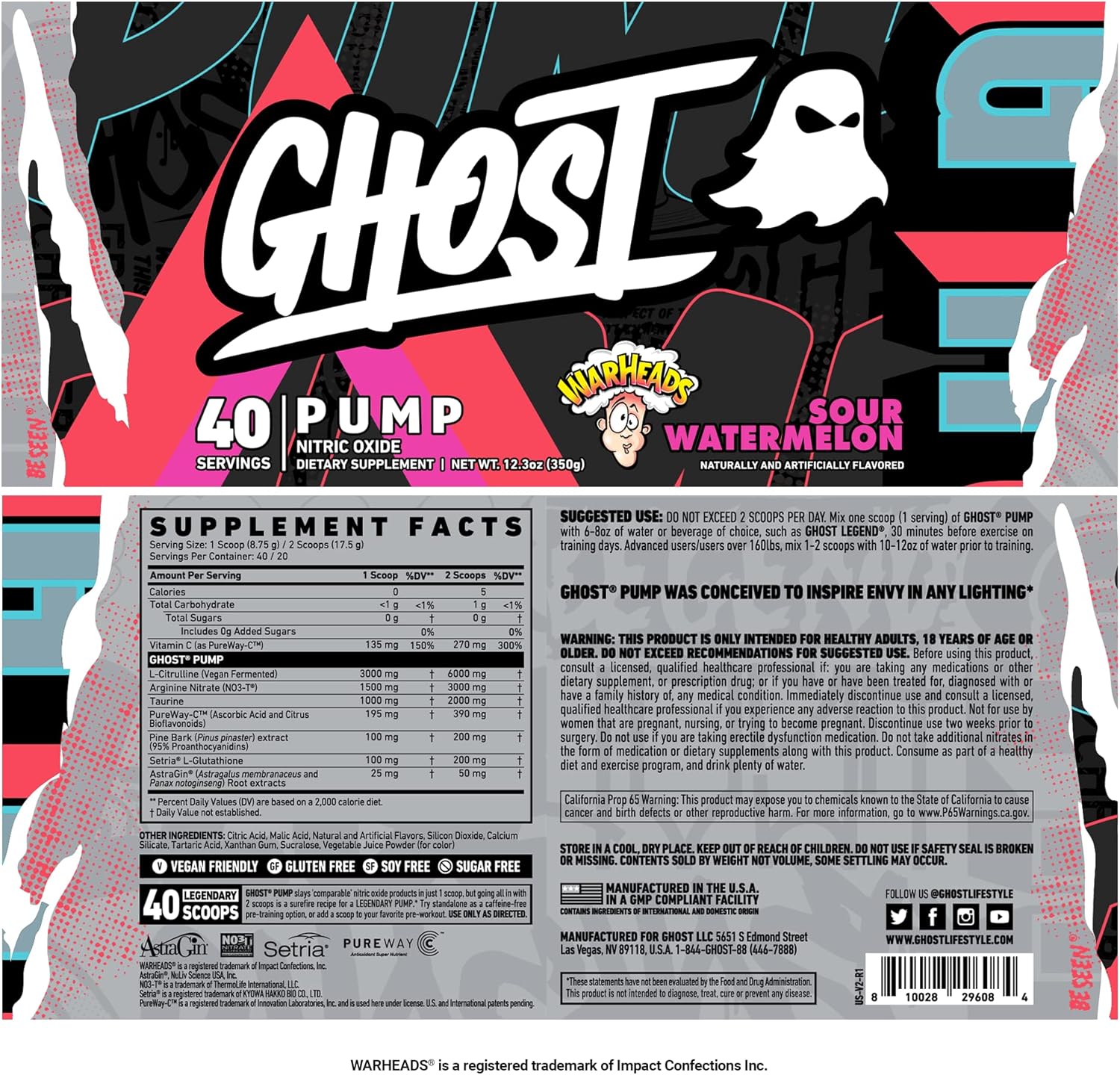 GHOST Pump Nitric Oxide Powder, Warheads Sour Watermelon - 40 Servings - Sugar & Stim-Free Pre-Workout Supplements- L-Citrulline, Arginine Nitrate & L-Glutathione - Soy & Gluten-Free, Vegan - Image 2