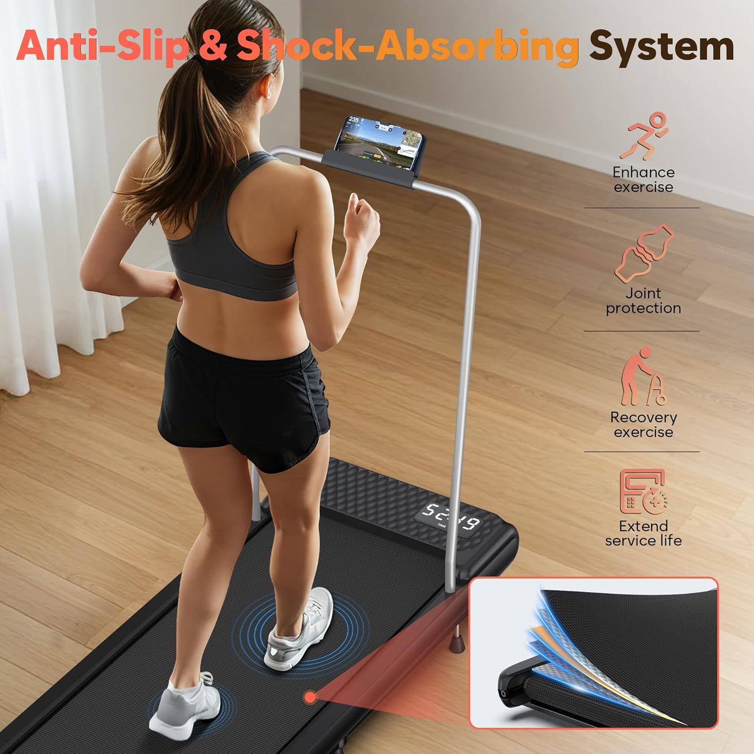 WELLFIT 10% Incline Walking Pads with Handle Bar for Home Office Apartment, Small Under Desk Treadmills with Hiking Climbing Mode for Efficient Fat-Burn, Works for APPs/Mute Remote, 360 LBS Capacity - Image 4