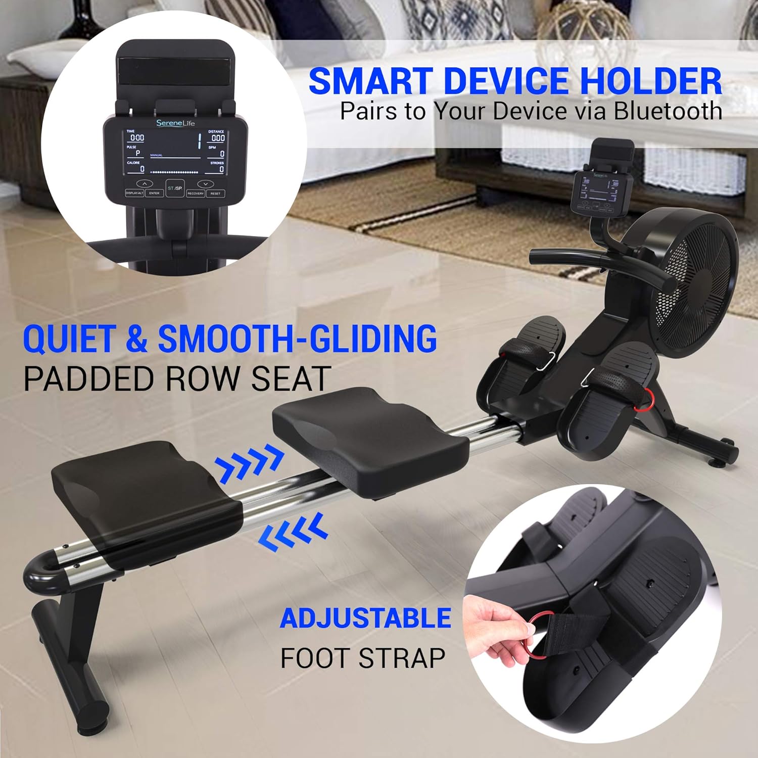 SereneLife Smart Rowing Machine-Home Machine with Smartphone Fitness Monitoring App, Magnetic Row Machine for Gym or Home Use, 16 Levels Resistance - Image 4