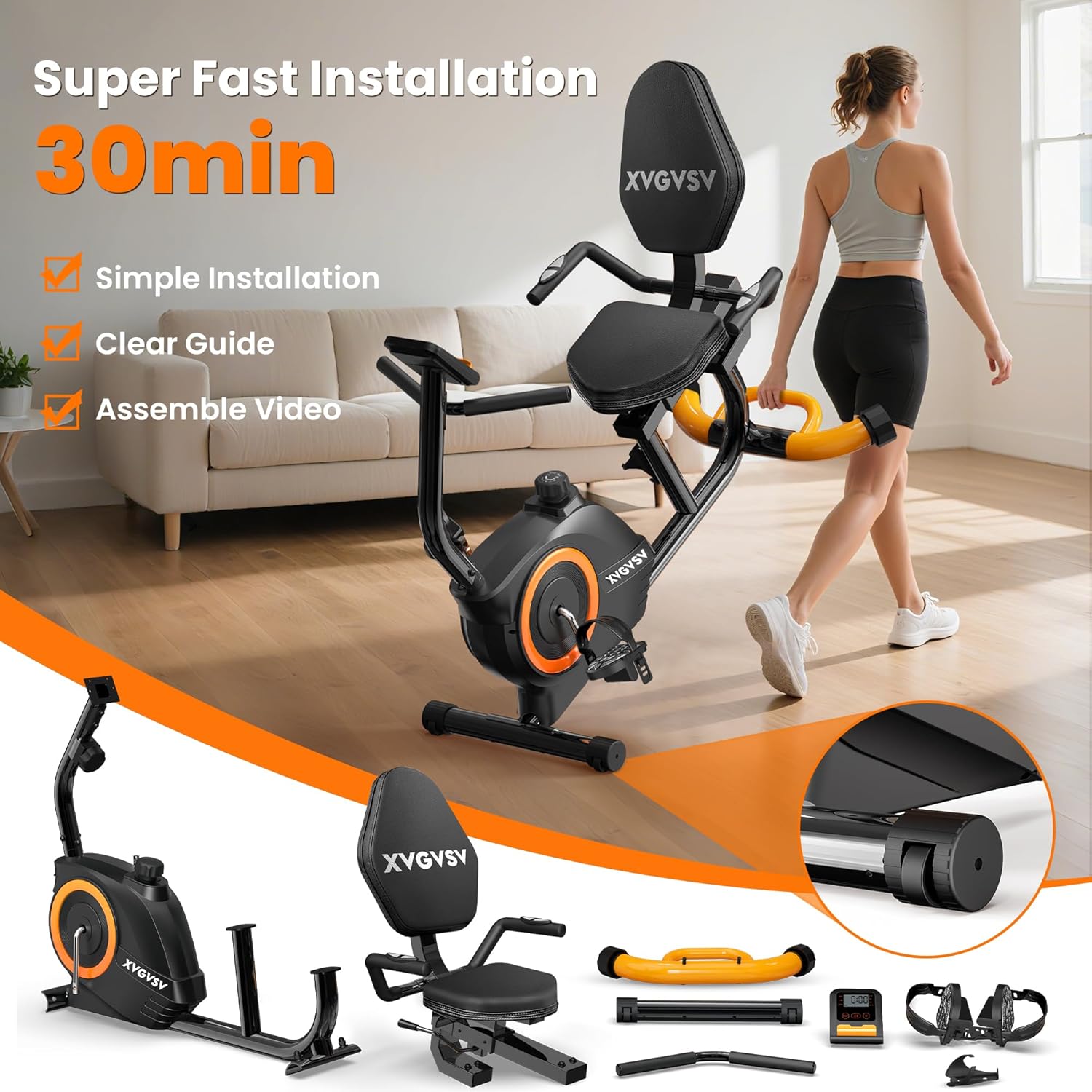 Recumbent Exercise Bike for Home Use, Quiet Recumbent Stationary Bikes for Adults & Seniors, 16-Level Resistance, Adjustable Seat, Supports 400LB, Pulse Sensors & LCD Display - Image 4
