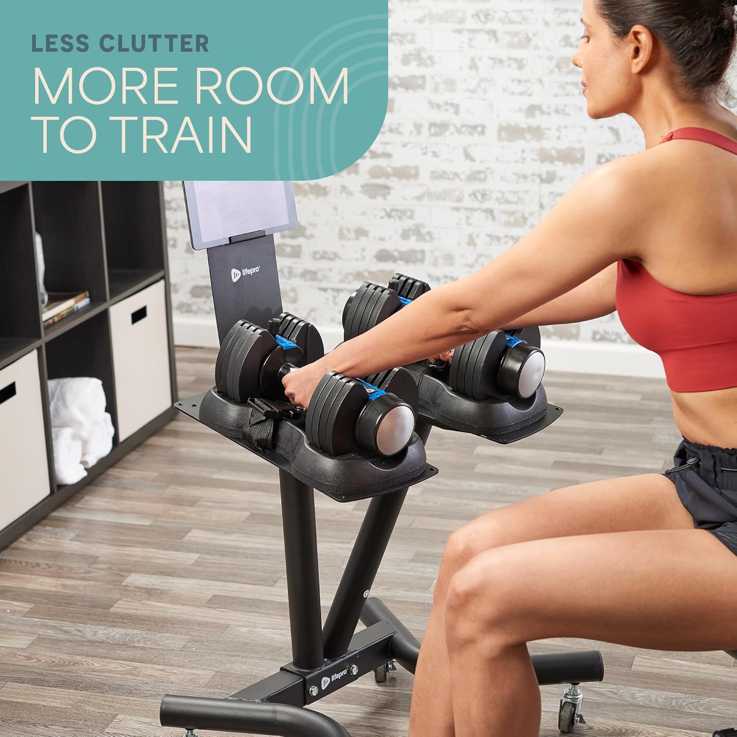 Lifepro Adjustable Dumbbell Stand with Wheels & Phone/Tablet Holder – Compatible with PowerFlow Plus, PowerUp Plus & Other Brands – Smart, Space-Saving Dumbbell Rack for Home Gym - Image 4