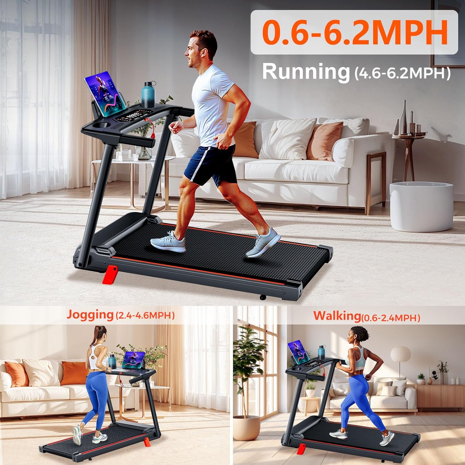Treadmill with 5% Incline, Walking Pad Treadmill with Handle Bar, Portable Folding Treadmills for Running and Walking, 3.0HP Brushless Motorized, 5 Layers Shock-Absorbing - Image 4
