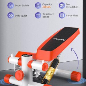 Amicus Mini Stepper for Exercise, Stair Stepper with Resistance Bands, Hydraulic Fitness Stepper Exerciser Machine for Home, 330lbs Weight Capacity, Orange White