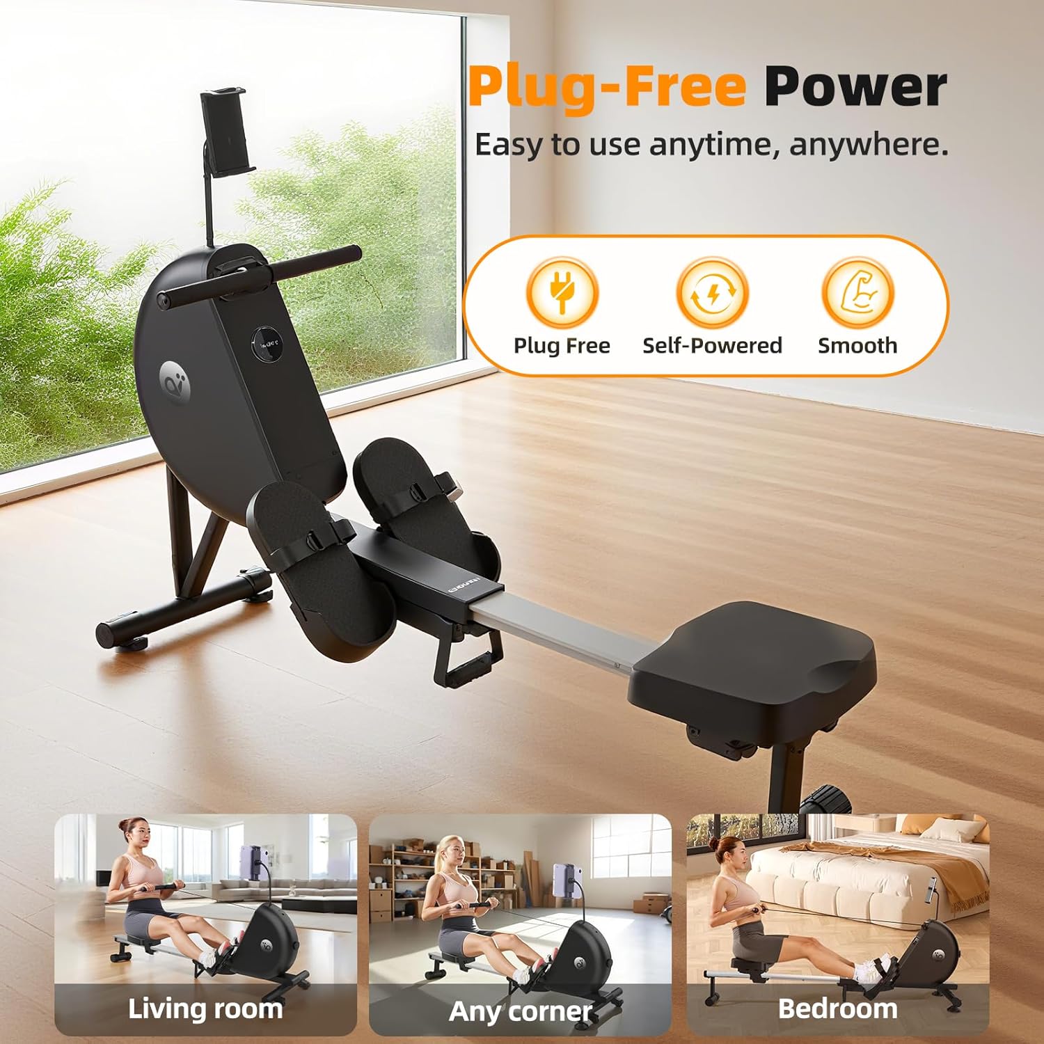 Rowing Machine for Home, Foldable Magnetic Rower with One-Touch Auto Fold, 16 Levels Resistance, Quiet Flywheel, Bluetooth Heart Rate, 300LB Capacity, Self-Powered, Easy Move & Space Saving - Image 6