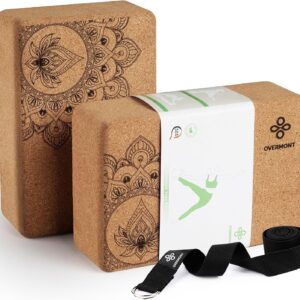 Overmont Cork Yoga Blocks 2 pack with 8ft Strap Natural Cork Bricks- High Density & Eco Friendly Yoga Accessories for Women – Ideal for Yoga Pilates General Fitness and Stretching 9x6x3”